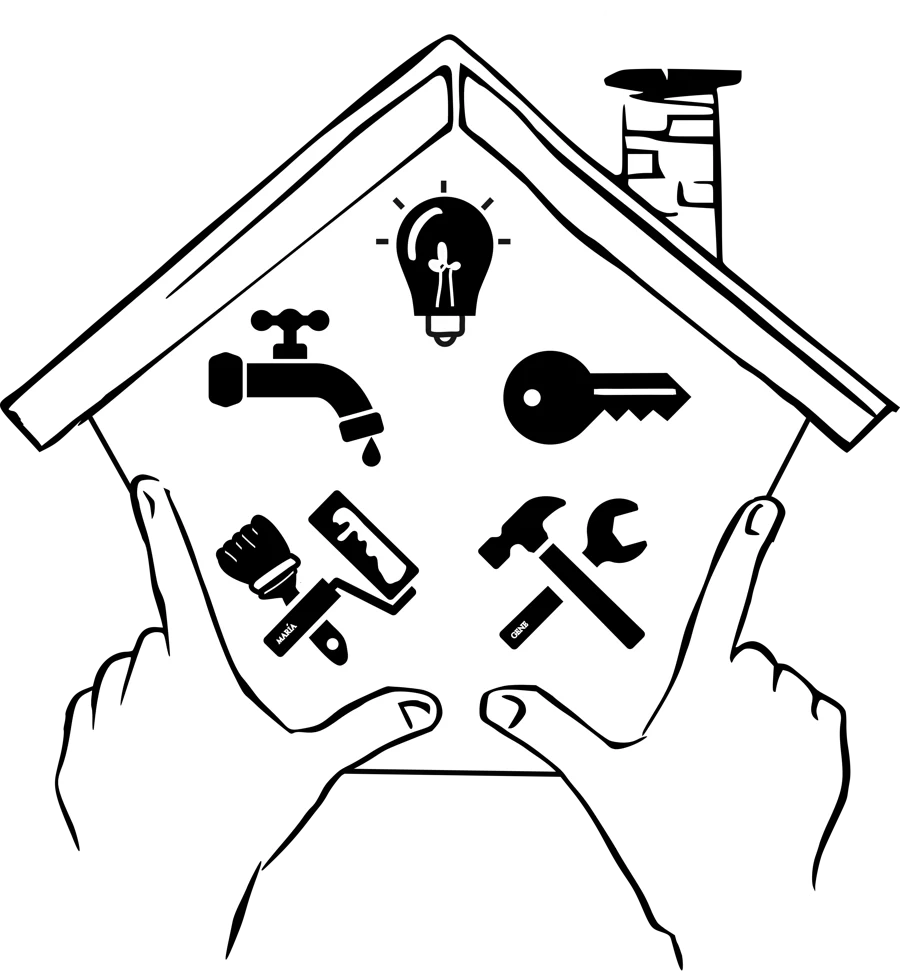 Nuestro logotipo: unas manos cuidando una casa, con herramientas, un grifo, una llave y una bombilla